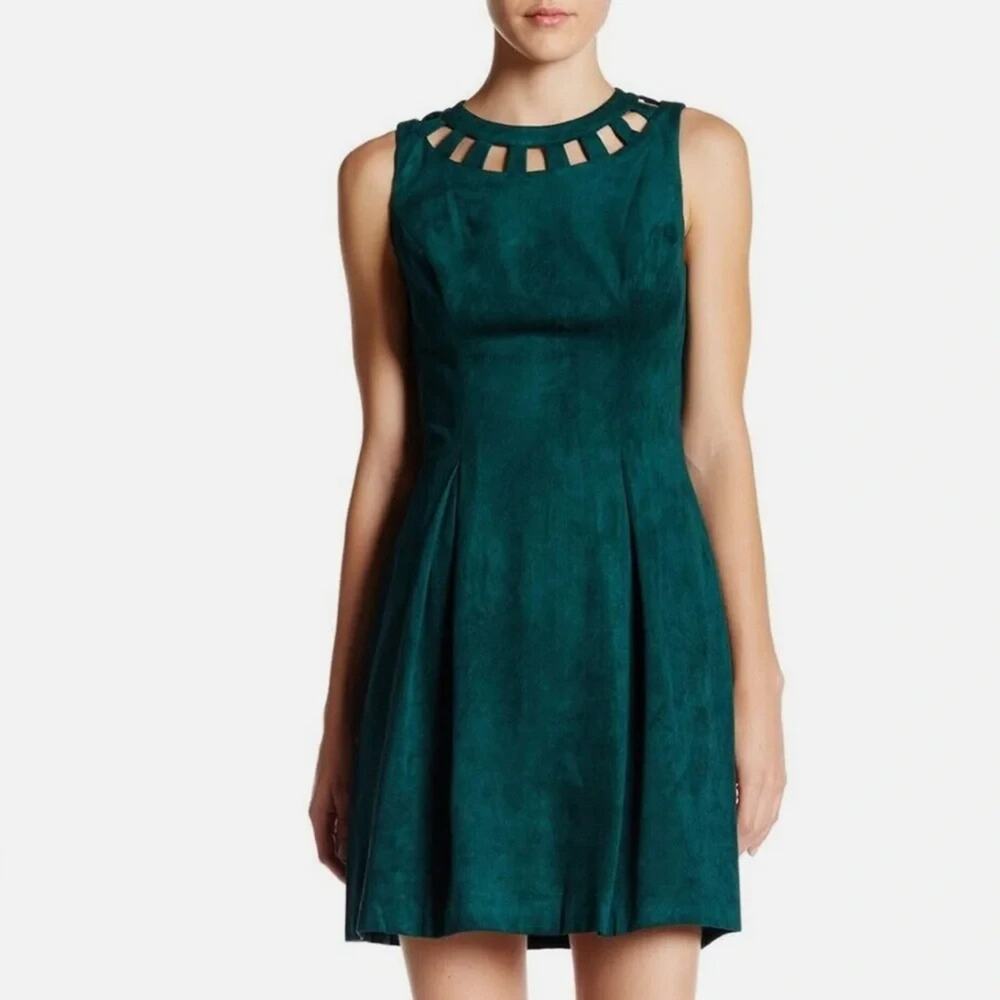 Eliza J Faux Suede A Line Dress Green Size 16 Short XL Lined High Neck Cut Out